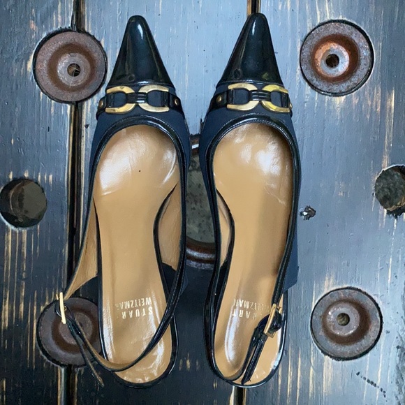 Stuart Weitzman Navy Heels with Brass Accents - Picture 4 of 10